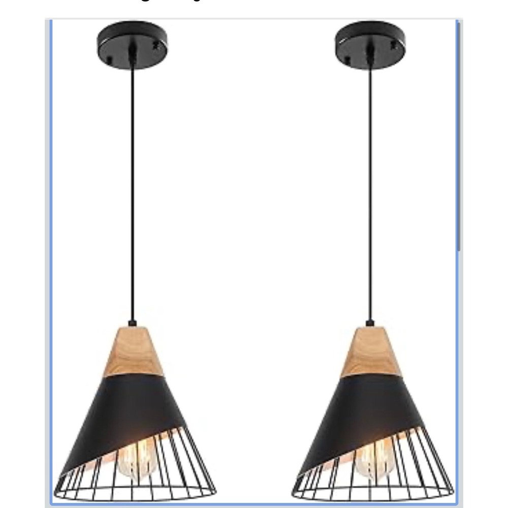 NEW‎ Mxsaoud 2pc Modern Farmhouse Black Pendant Light Wood Hanging Fixture E26